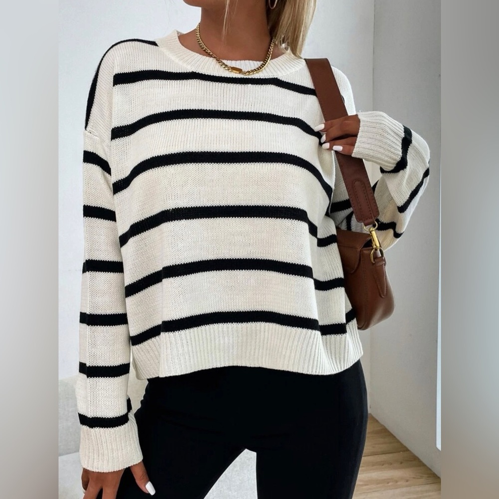 White and Black Striped Sweater
